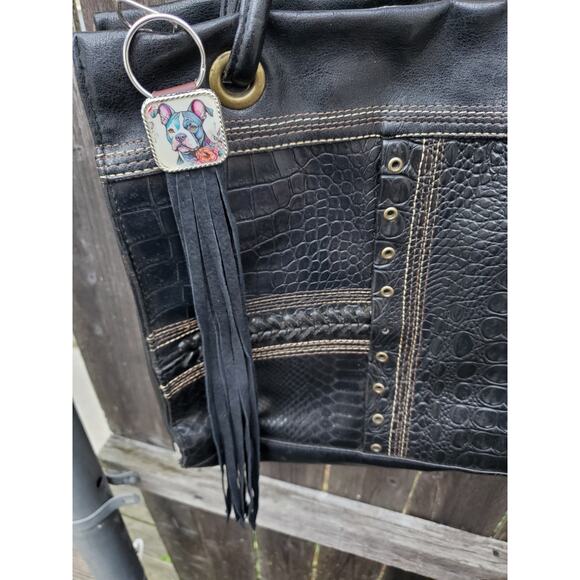 Handmade boho Pitbull dog lover gift Leather Fringe Western bag charm keychain - Picture 3 of 4